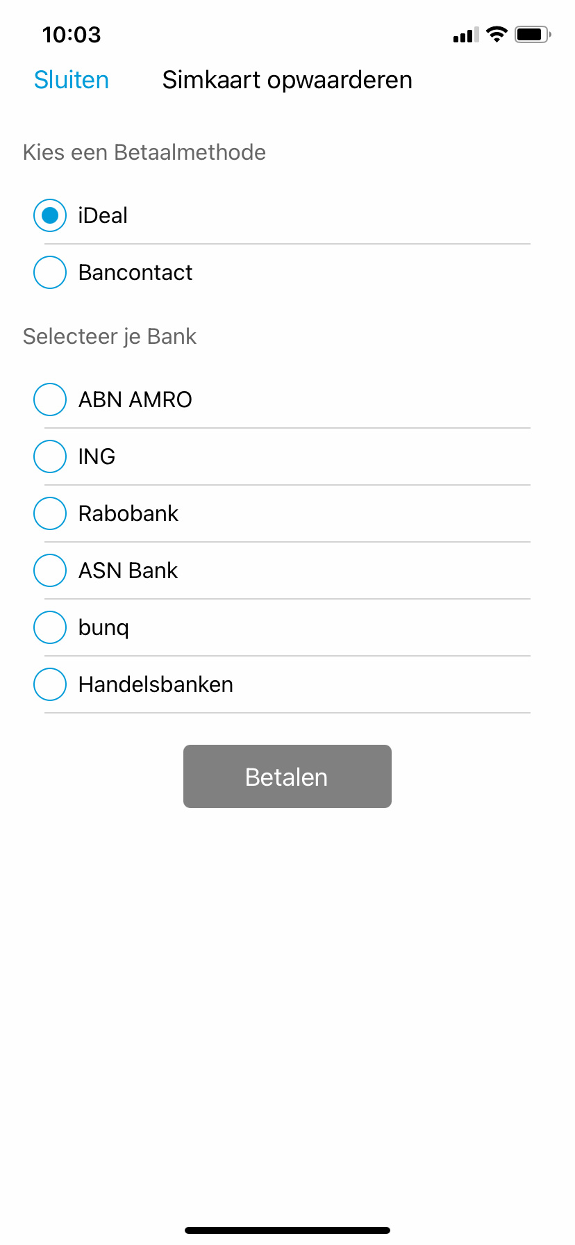 Bankkeuze One2track app